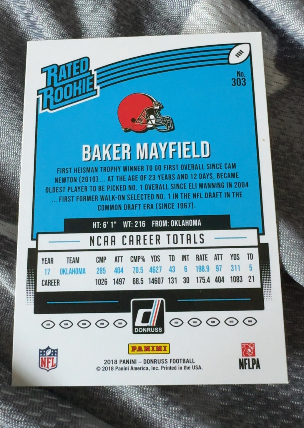 Back of 2018 Donruss Baker Mayfield Base