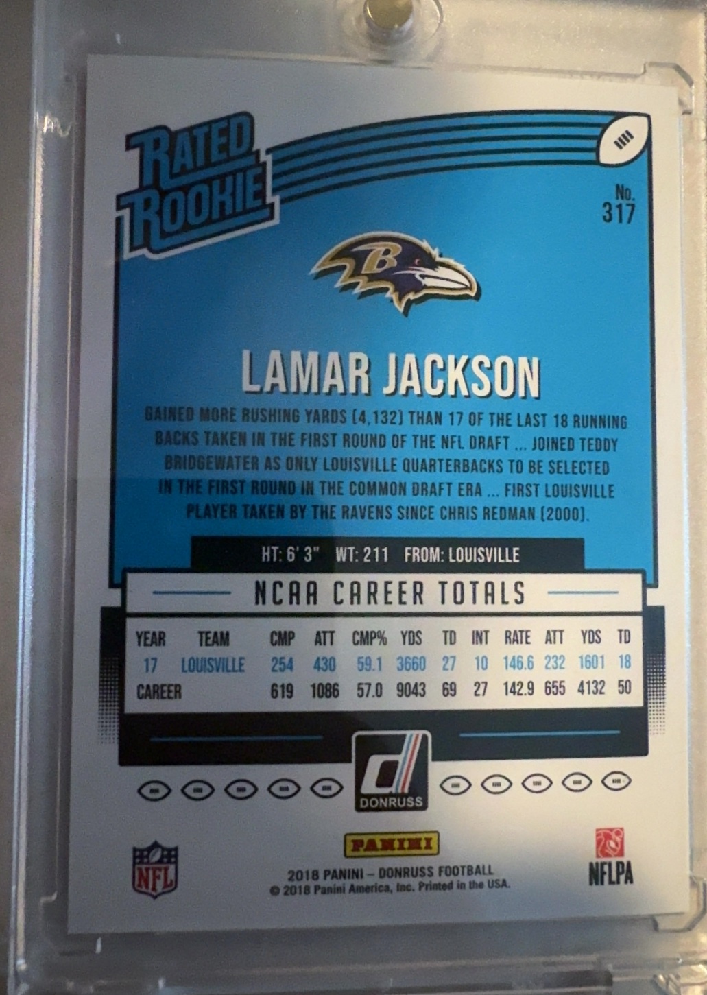 Back of 2018 Donruss Lamar Jackson Blue