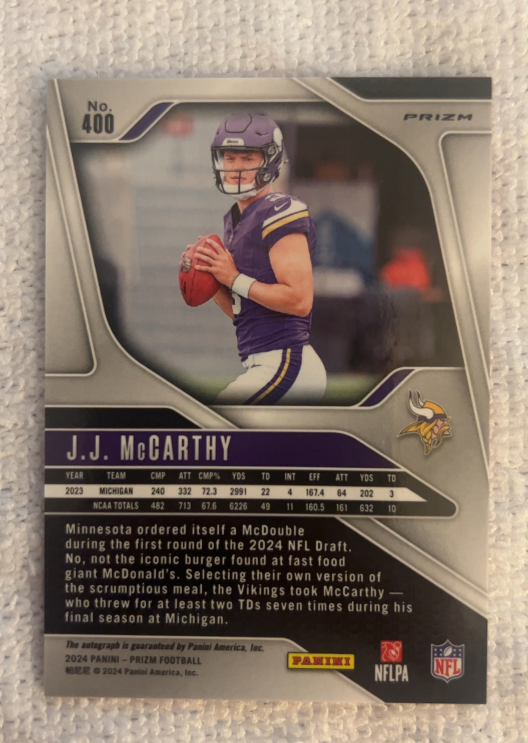 Back of 2024 Prizm J.J. McCarthy Pink Auto