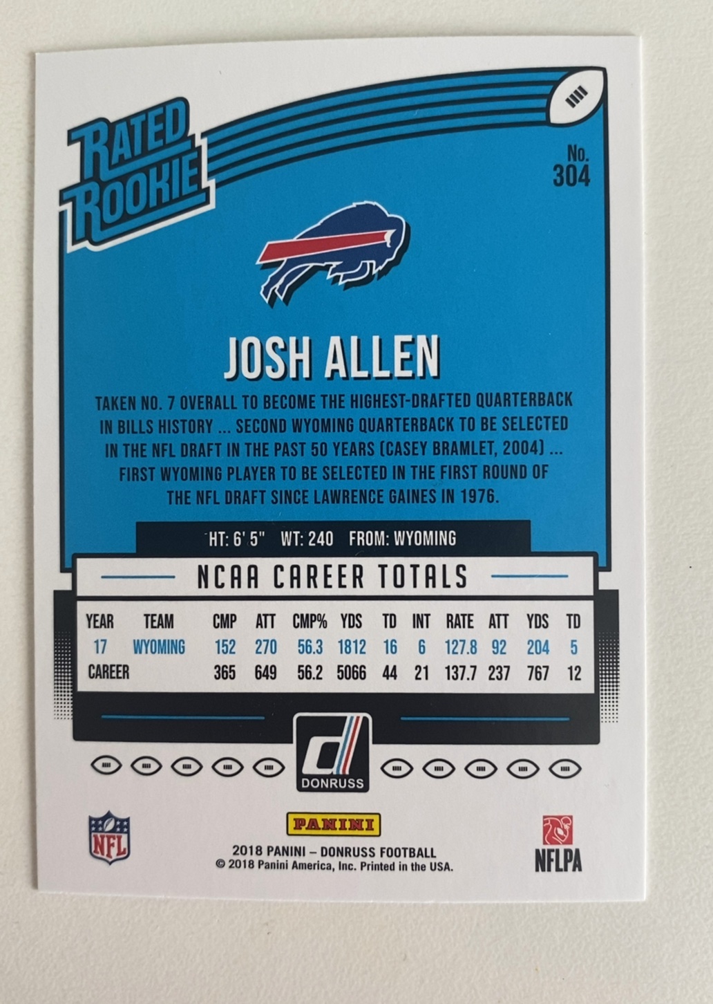 Back of 2018 Donruss Josh Allen Base