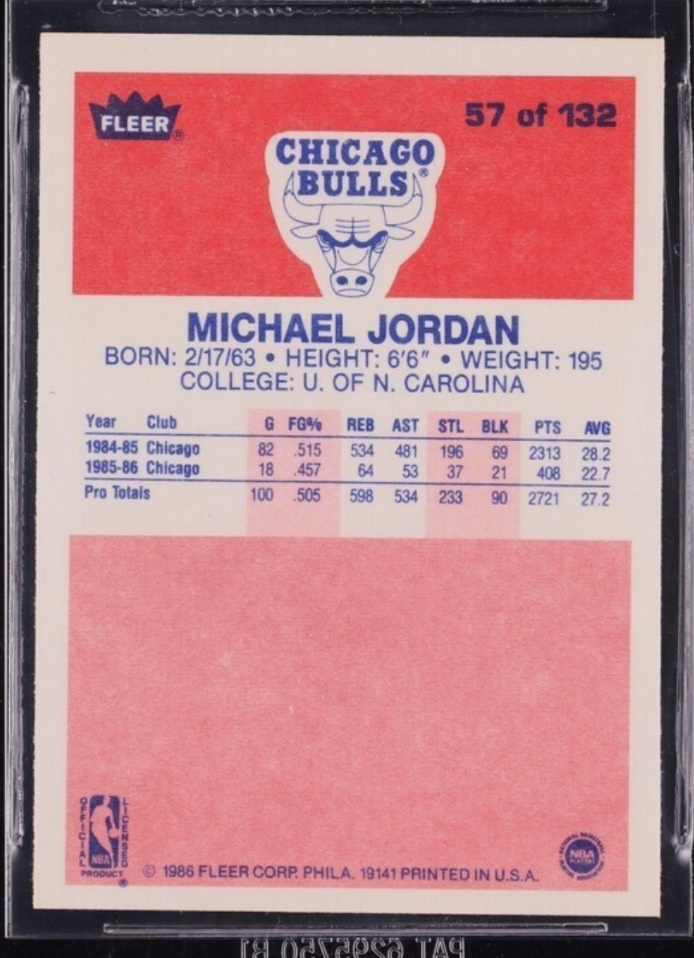 Back of 1986 Fleer Michael Jordan Base