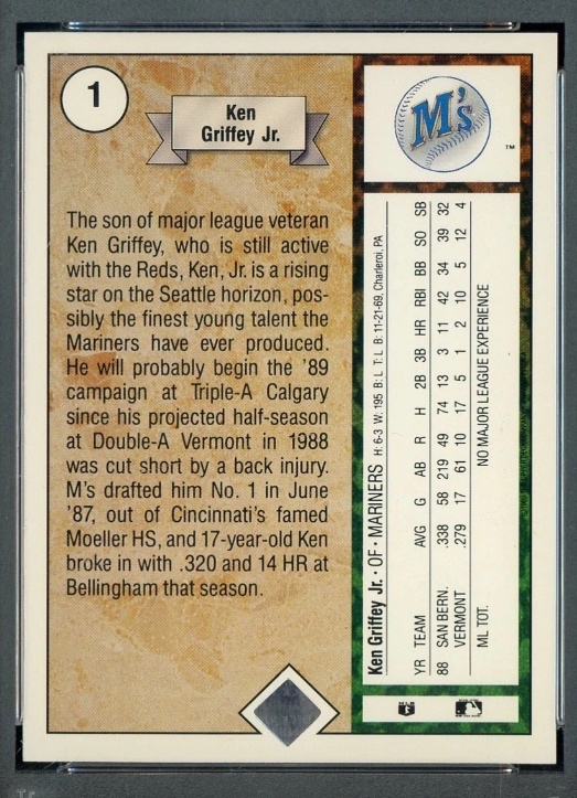 Back of 1989 Upper Deck Ken Griffey Jr. Base